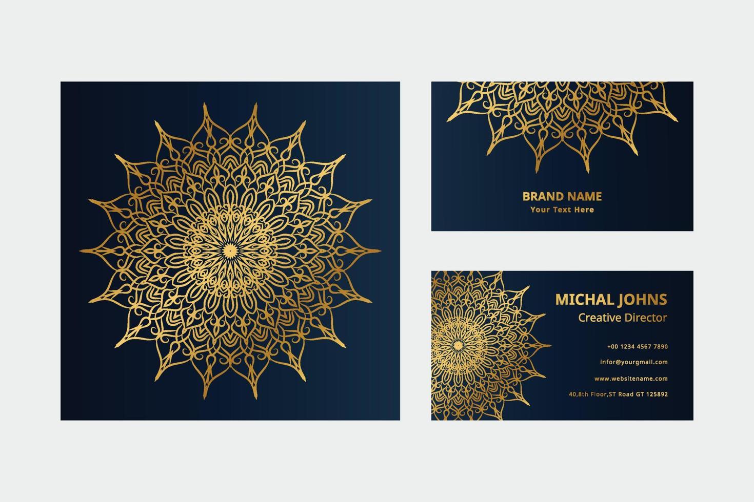 Gold business cards with flower oriental mandala pro vector