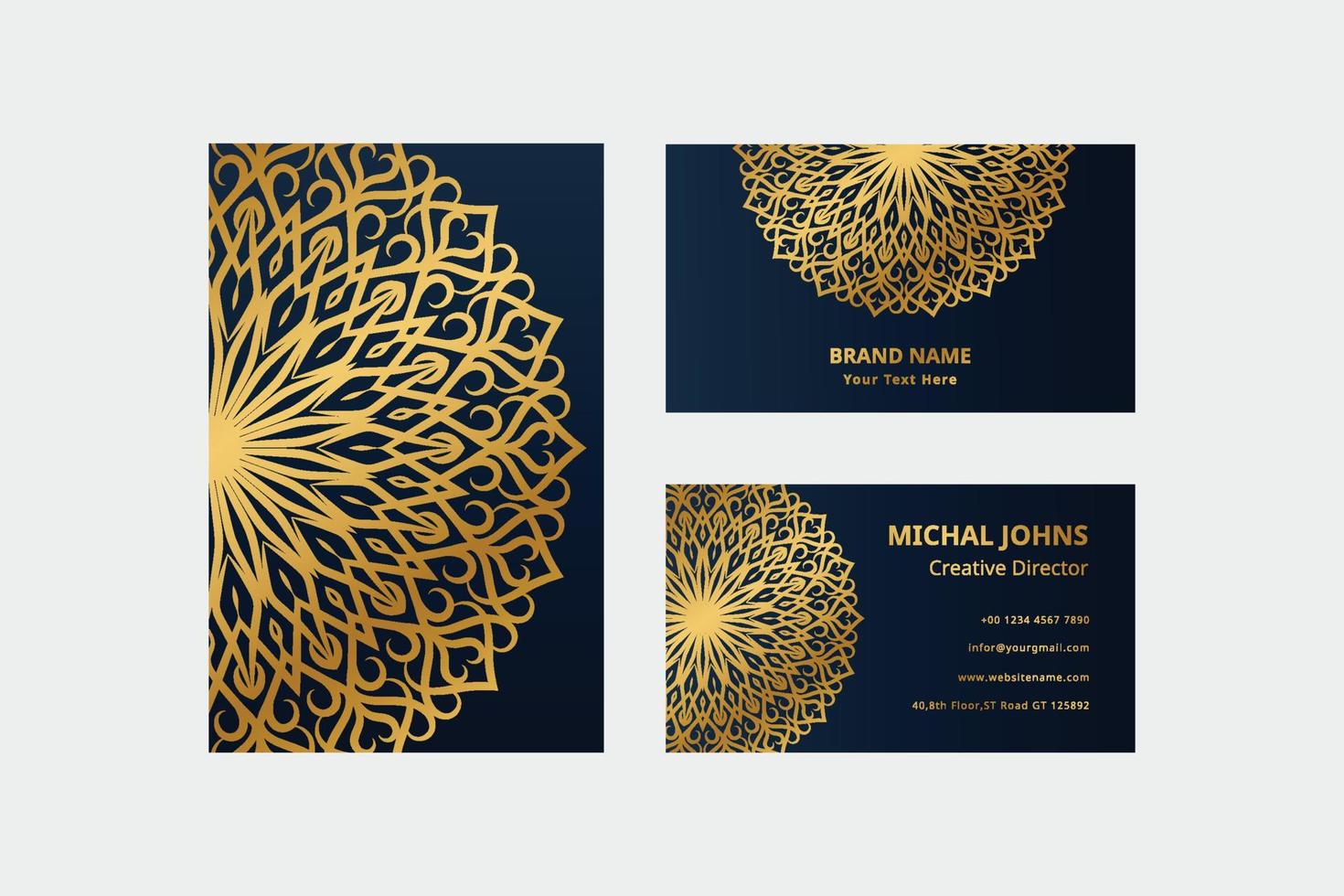 Gold business cards with flower oriental mandala pro vector