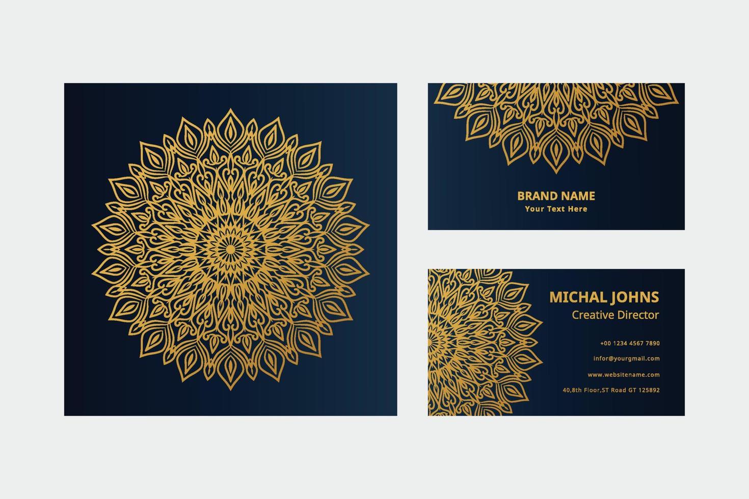 tarjetas de visita doradas con flor oriental mandala pro vector