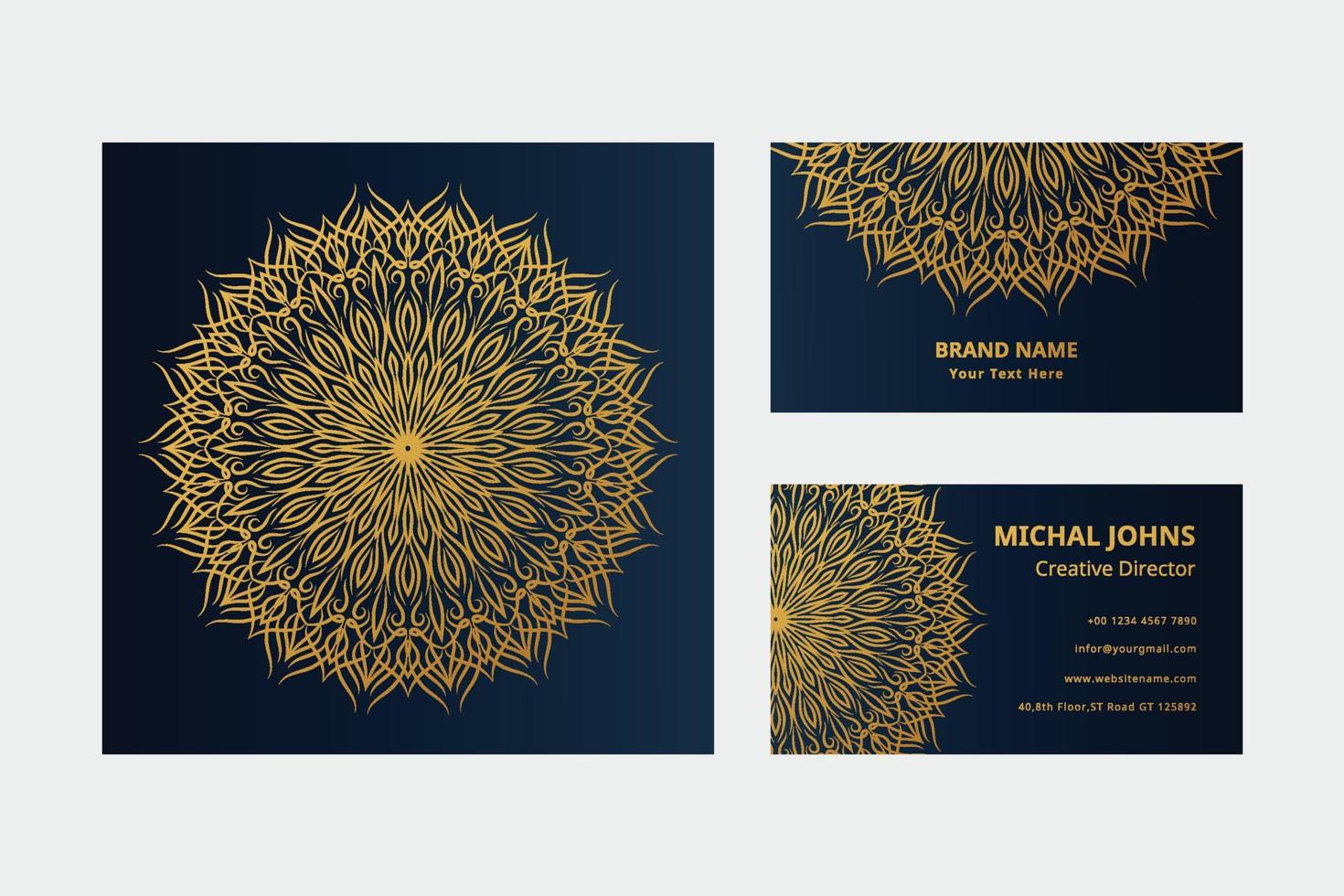 tarjetas de visita doradas con flor oriental mandala pro vector