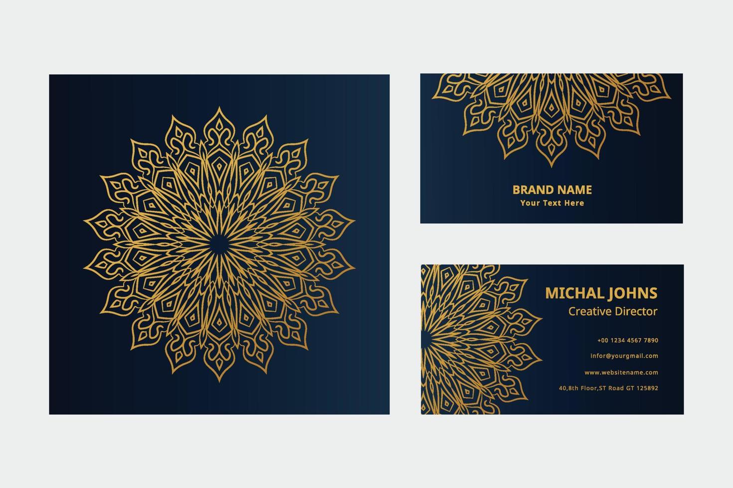 Gold business cards with flower oriental mandala free vector