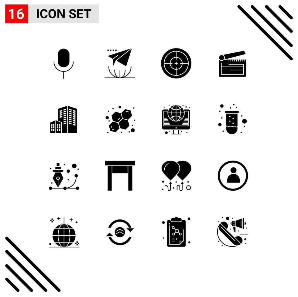 Group of 16 Solid Glyphs Signs and Symbols for clapperboard clapboard army board target Editable Vector Design Elements