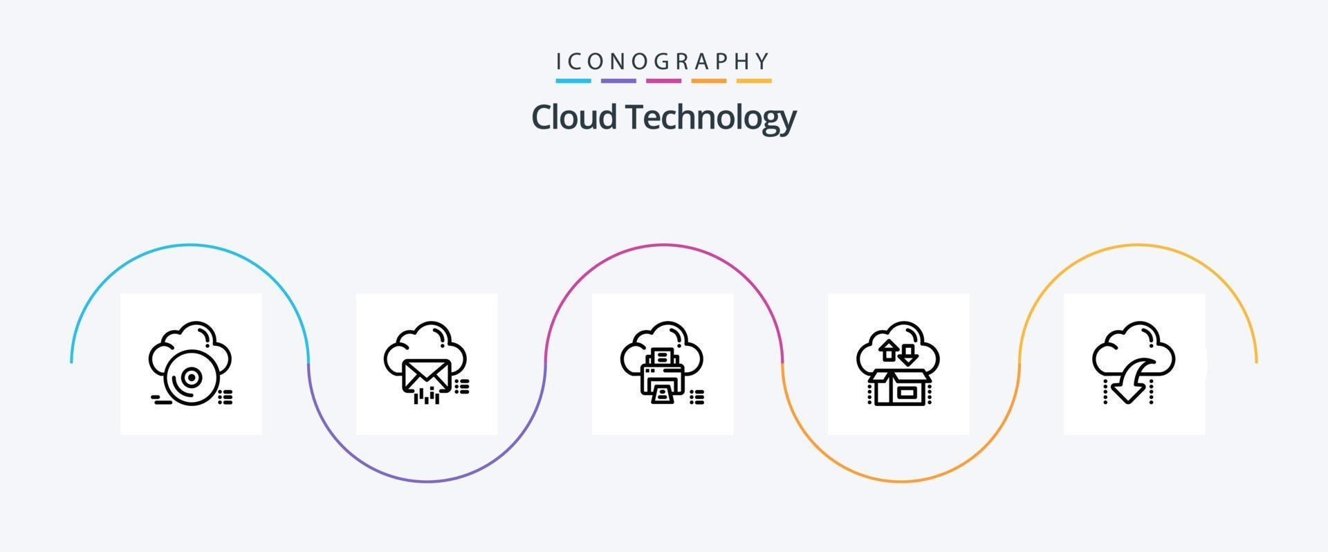 paquete de iconos de la línea 5 de tecnología en la nube que incluye regalo. caja. datos. dispositivo. imprimir vector