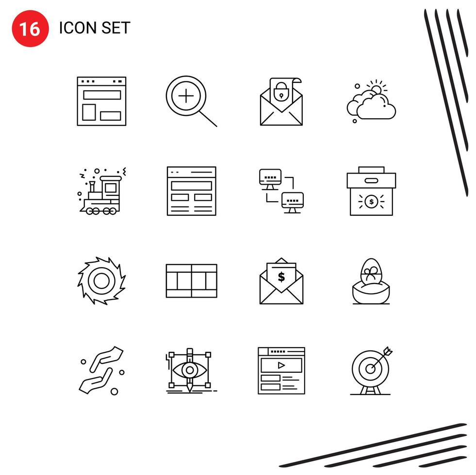 Editable Vector Line Pack of 16 Simple Outlines of holiday christmas email sun cloudy Editable Vector Design Elements