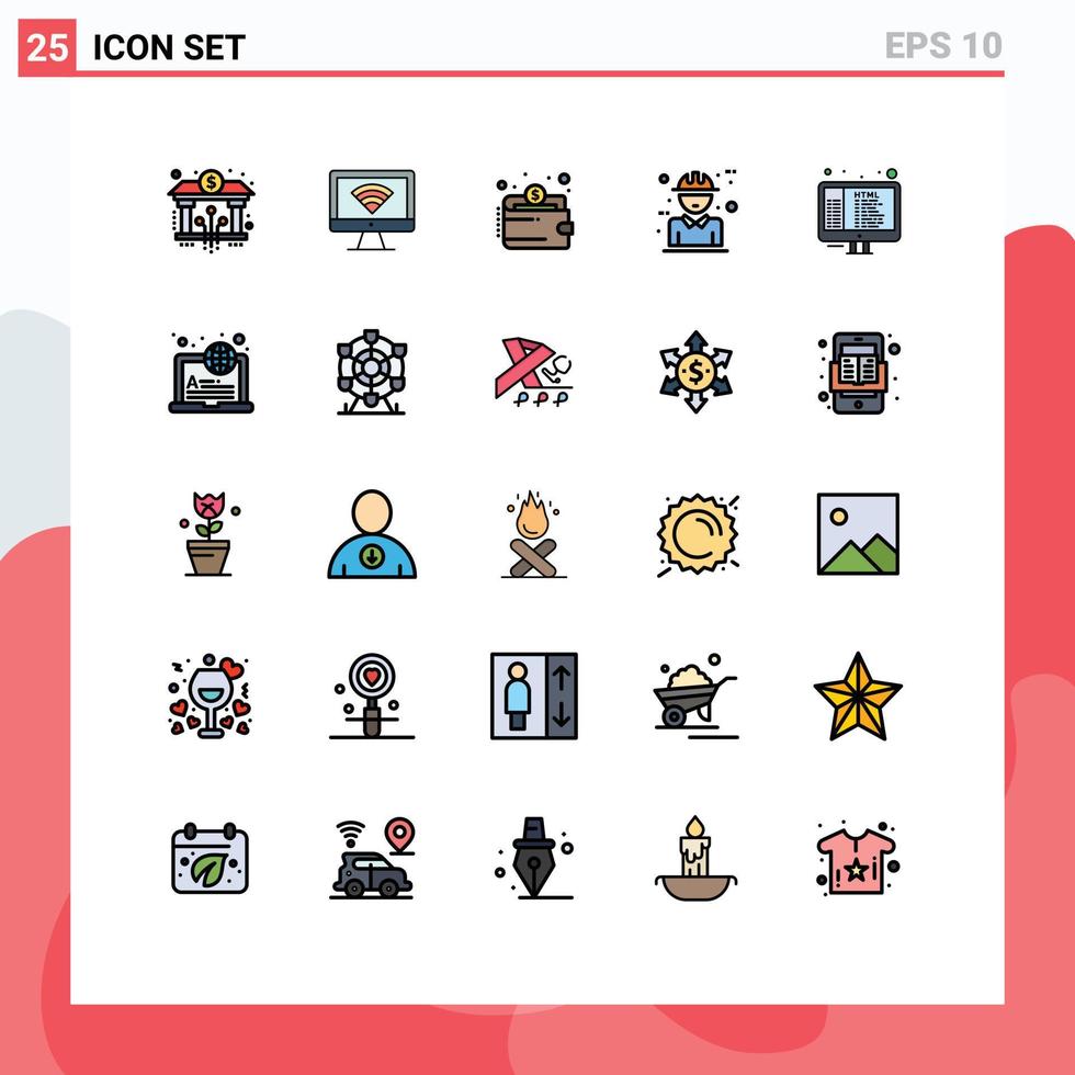 Pictogram Set of 25 Simple Filled line Flat Colors of code concept cash character architecture Editable Vector Design Elements