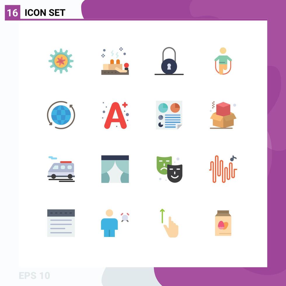 Pictogram Set of 16 Simple Flat Colors of globe skipping lock rope jump Editable Pack of Creative Vector Design Elements