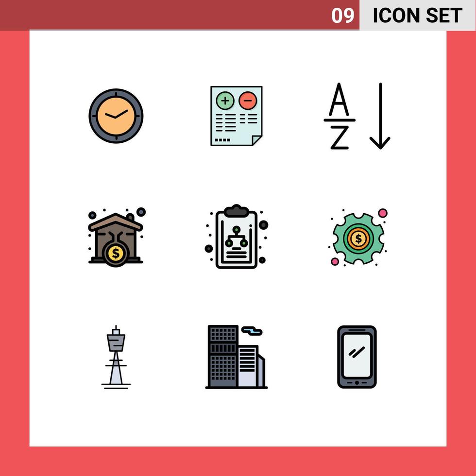 grupo de 9 signos y símbolos de colores planos de línea rellena para el préstamo del diagrama menos elementos de diseño vectorial editables de la casa de la firma vector