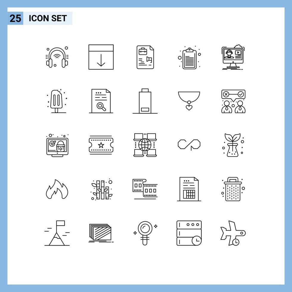 25 Universal Lines Set for Web and Mobile Applications video note page clipboard bag Editable Vector Design Elements