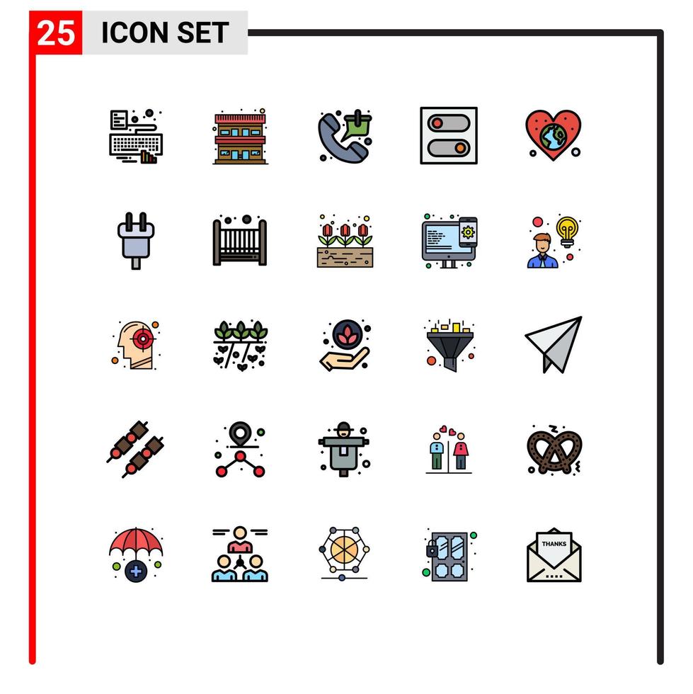 Pack of 25 creative Filled line Flat Colors of globe toggle bag switch shopping Editable Vector Design Elements