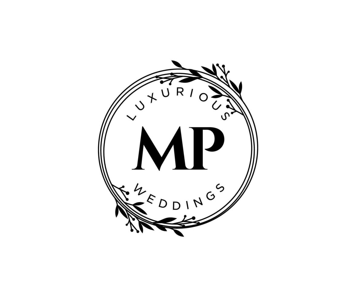 plantilla de logotipos de monograma de boda con letras iniciales de mp, plantillas florales y minimalistas modernas dibujadas a mano para tarjetas de invitación, guardar la fecha, identidad elegante. vector