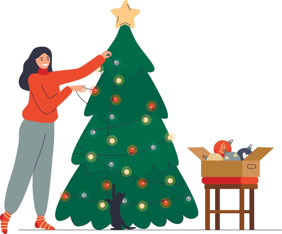 mujer joven feliz decorando el árbol de navidad vector ilustración plana. gato jugando con guirnalda