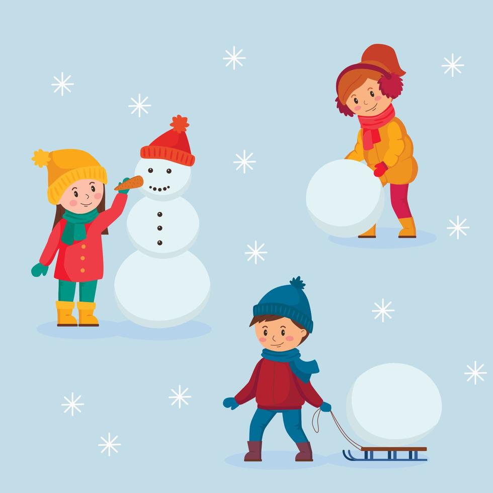 Happy smiling kids in wintertime making a snowman. Vector illustration.