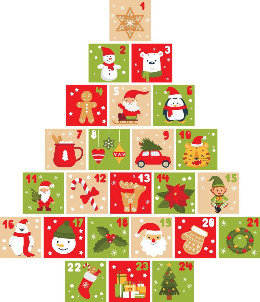 Abstract Christmas tree made of drawers with numbers. December advent calendar. Christmas poste vector