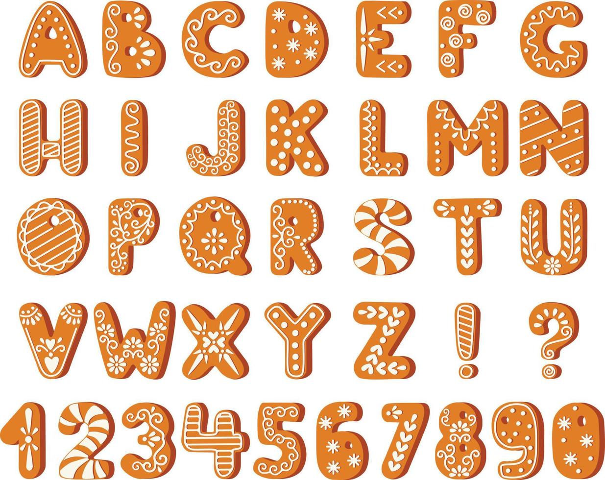 Vector cartoon set of alphabet holidays ginger cookie isolated on white background. Gingerbread alphabet