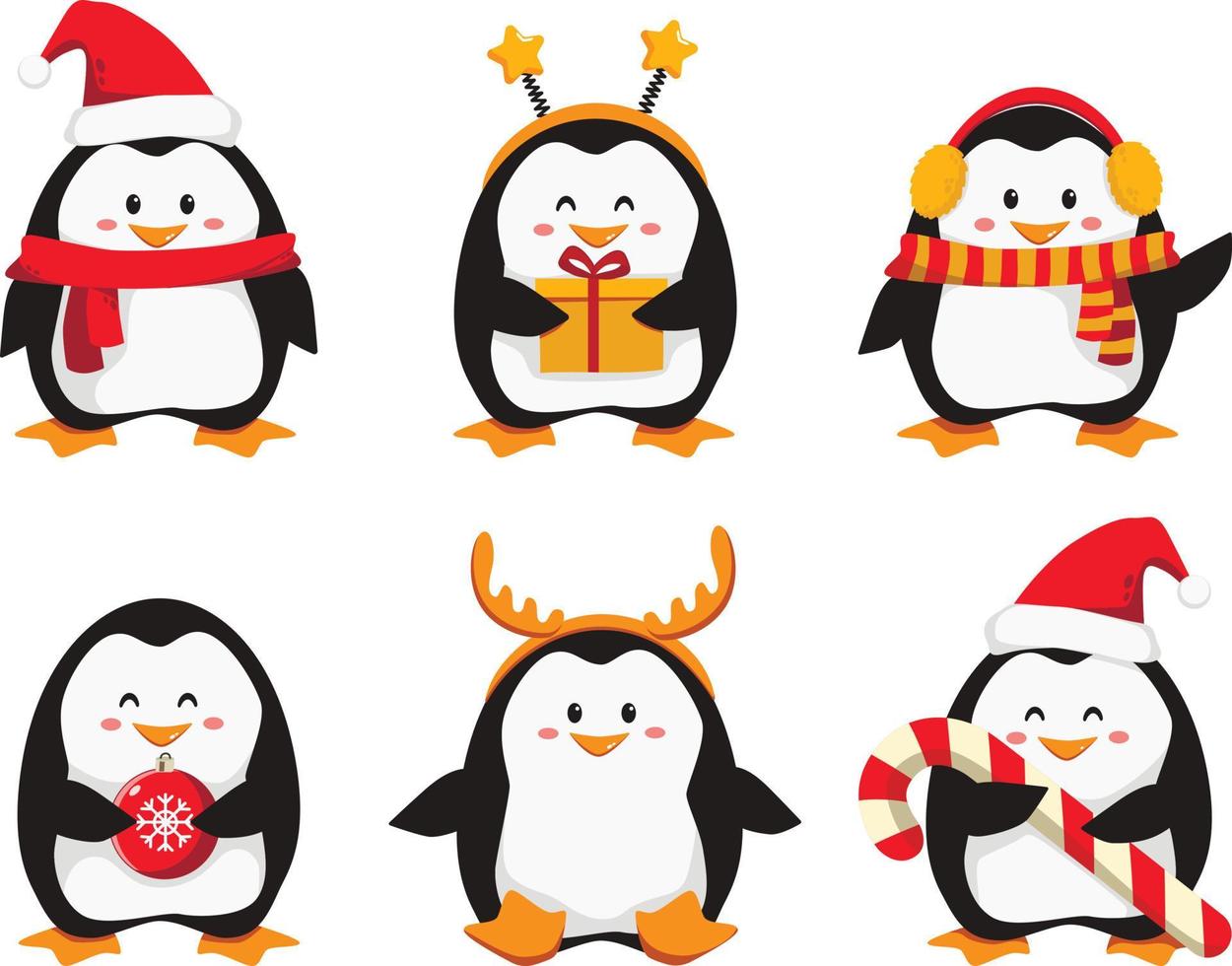 establecer personajes de pingüinos navideños vector