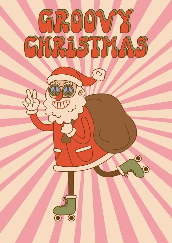 Comic groovy Santa Claus roller skating with bag gifts in trendy cartoon style. For card, poster, print. vector