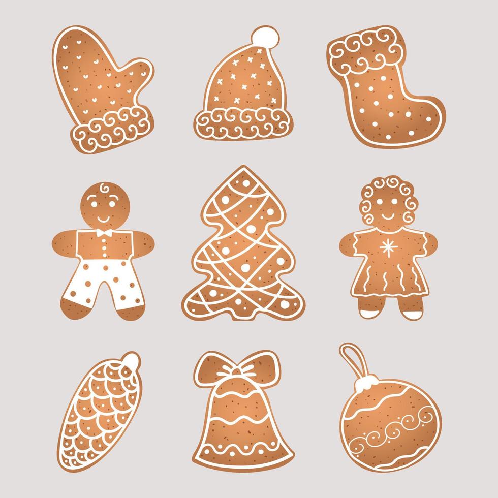Set of isolated christmas gingerbreads with icing. Flat vector illustration
