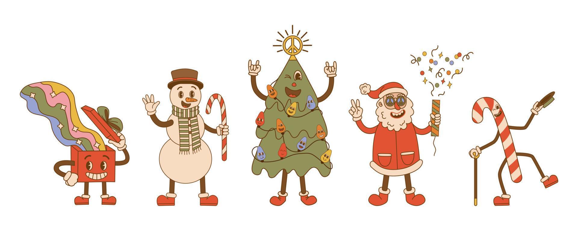 Groovy hippie christmas characters in trendy cartoon style. vector