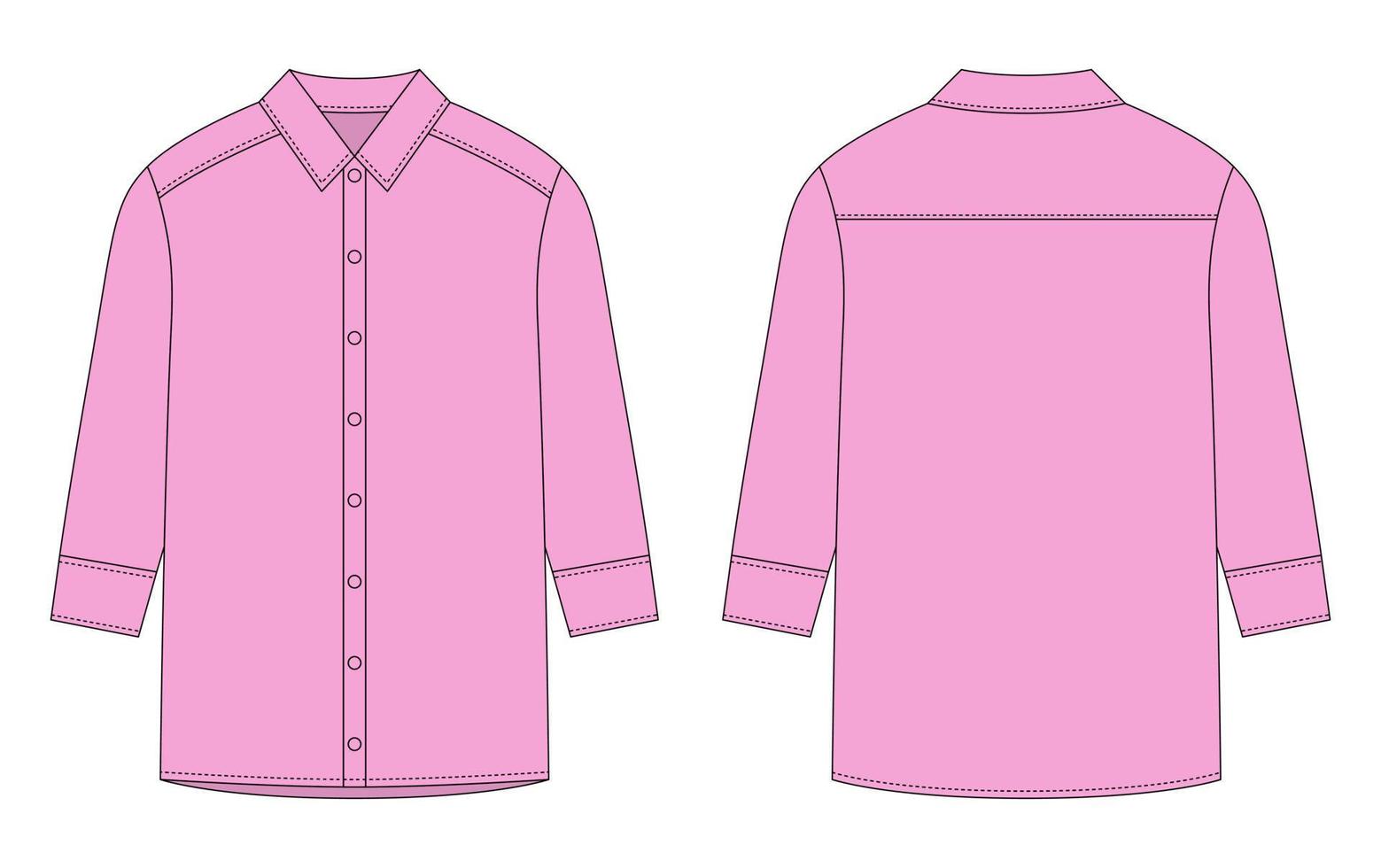 Oversized shirt with long sleeves and buttons technical sketch. Pink color. Unisex casual shirt mock up. vector