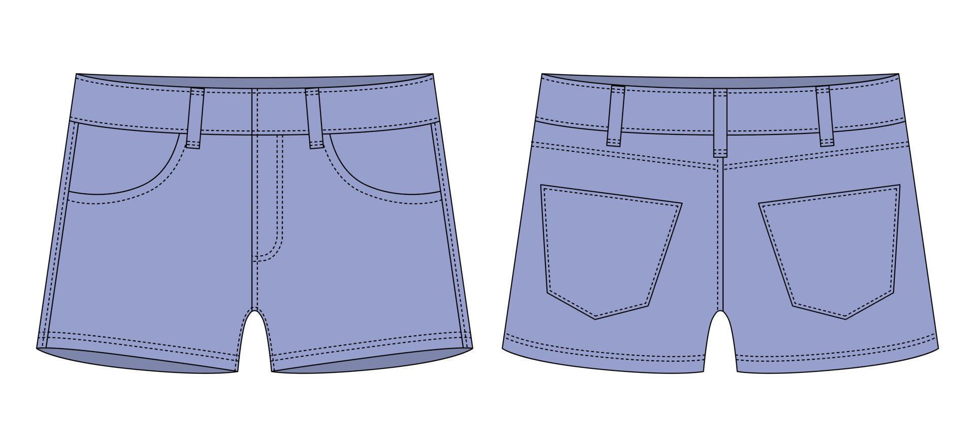 Denim short with pockets technical sketch. Cool blue color. Kids jeans shorts design template. vector