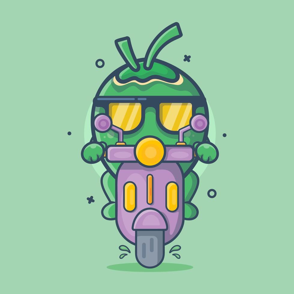 funny coconut fruit character mascot riding scooter isolated cartoon in flat style design vector