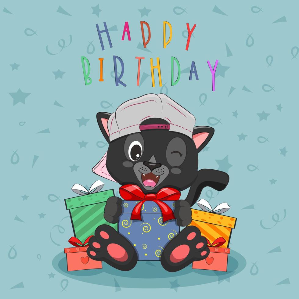 Vector cat celebrate a birthday with lots of gifts