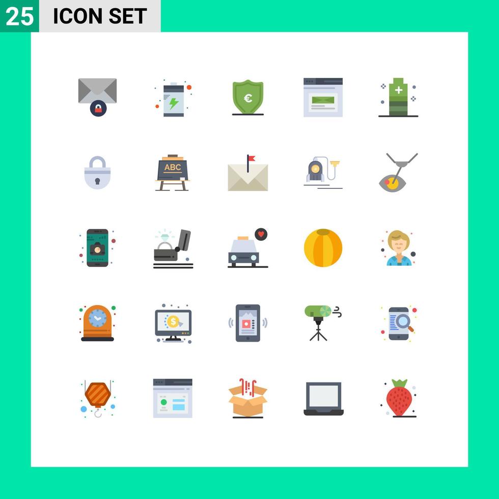 Mobile Interface Flat Color Set of 25 Pictograms of essential battery shield design web Editable Vector Design Elements