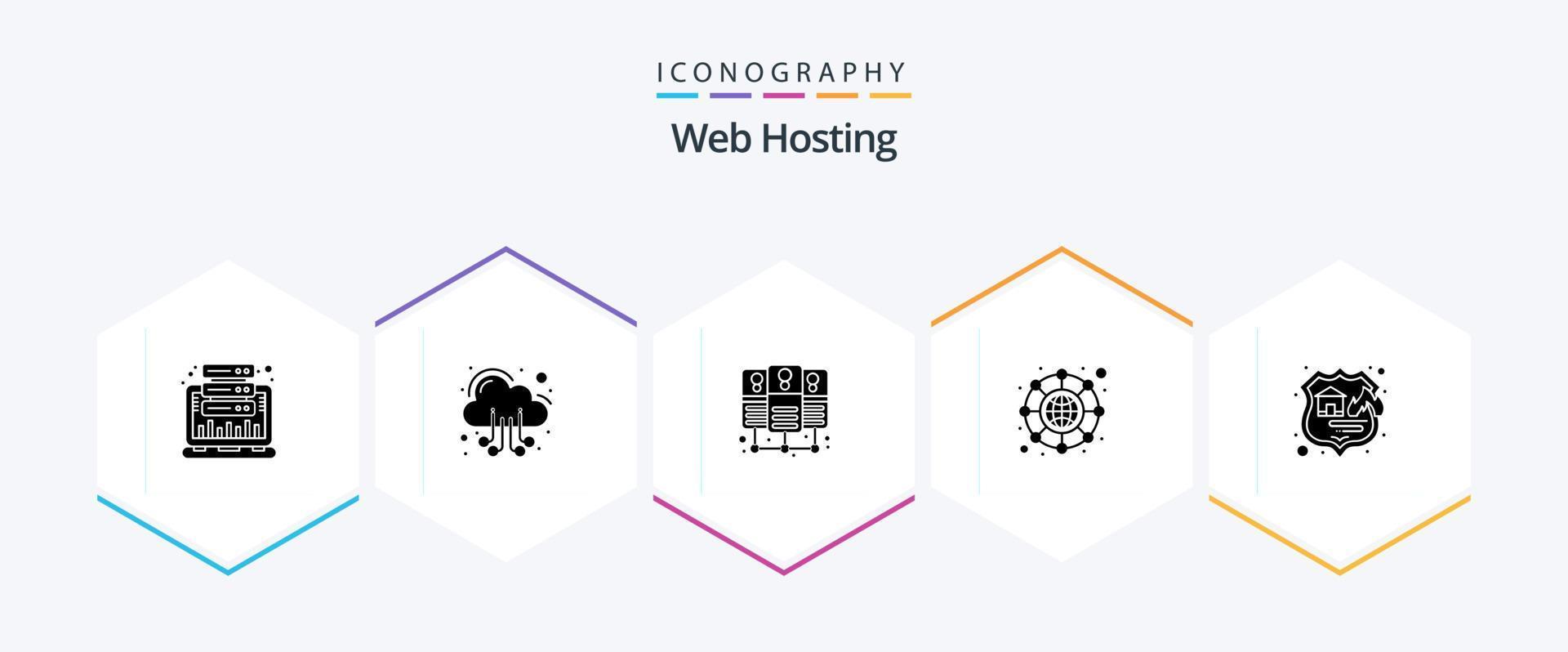 Web Hosting 25 Glyph icon pack including seo. firewall. web. network. connection vector