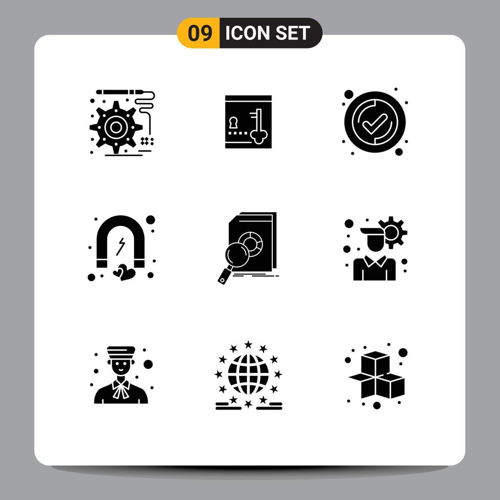 Universal Icon Symbols Group of 9 Modern Solid Glyphs of financial analysis tick romance love Editable Vector Design Elements