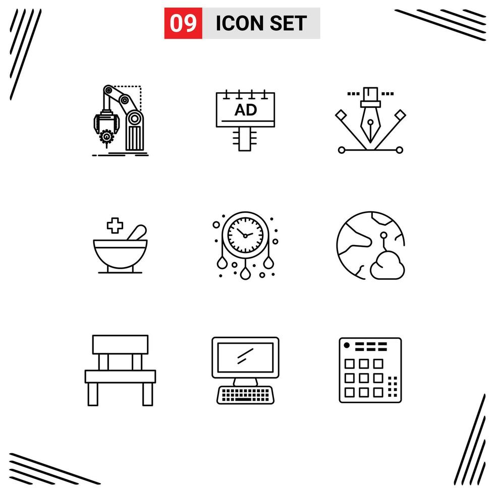 Modern Set of 9 Outlines and symbols such as time bowl signboard patient pen tool Editable Vector Design Elements