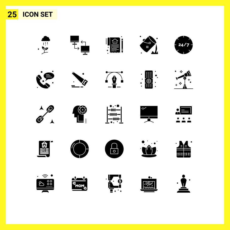 Modern Set of 25 Solid Glyphs Pictograph of colour bucket sharing contract house Editable Vector Design Elements