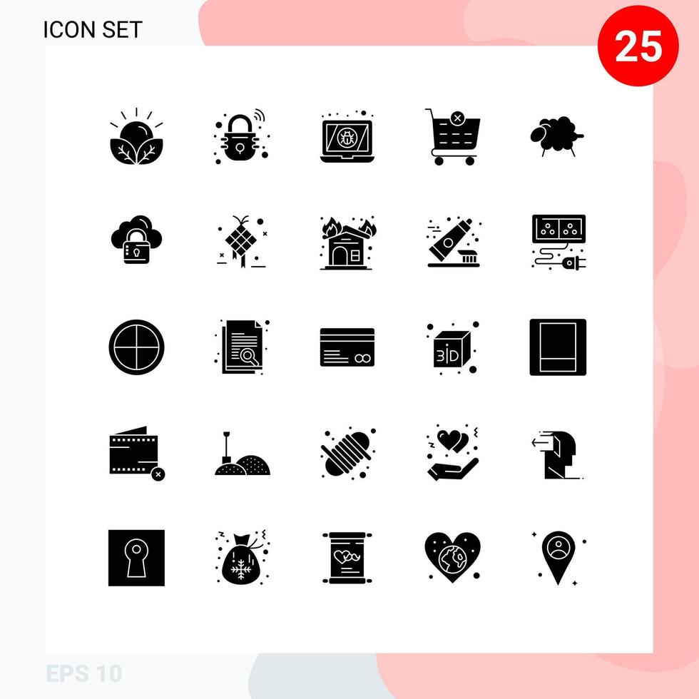 Group of 25 Solid Glyphs Signs and Symbols for sheep shopping cart secure delete virus Editable Vector Design Elements