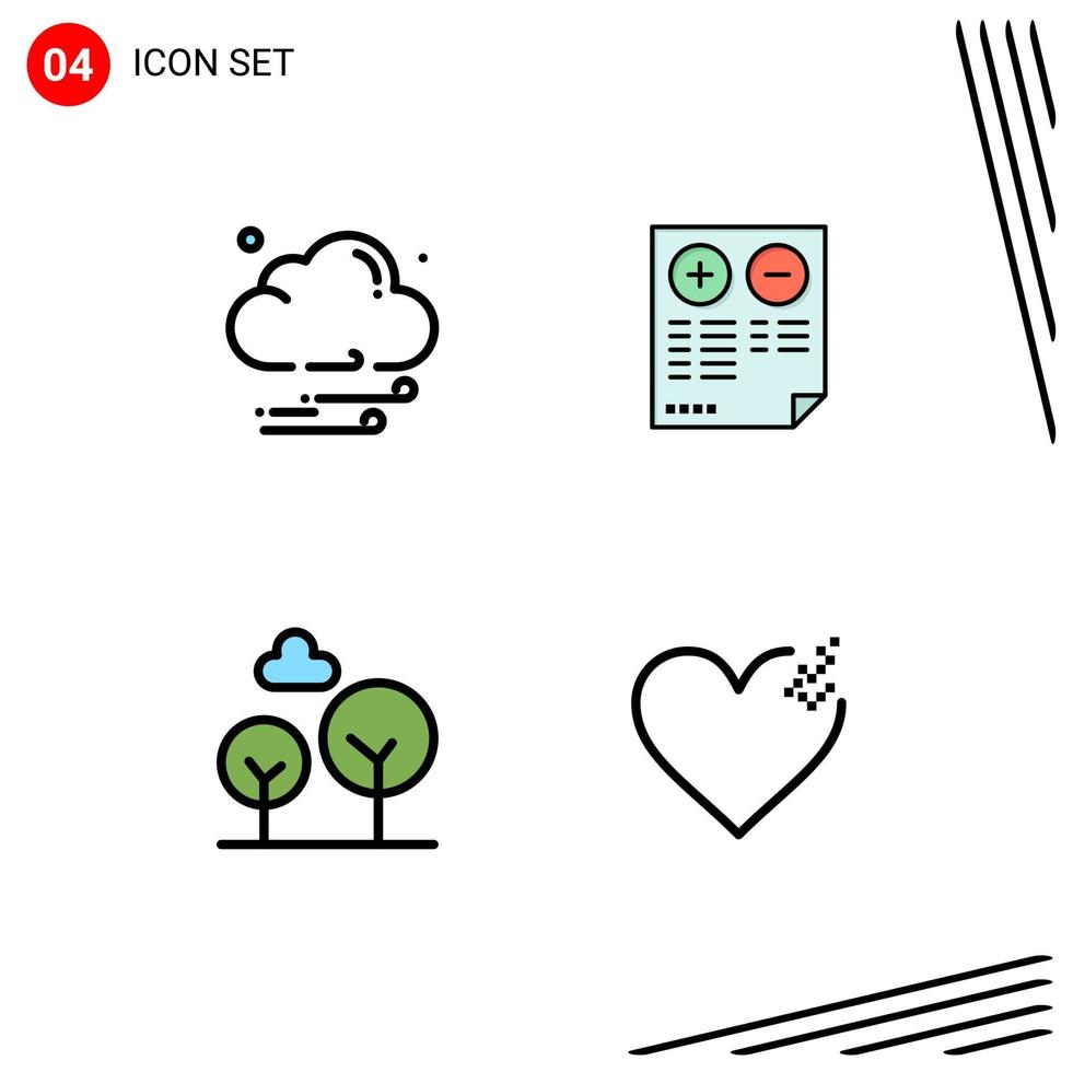 Group of 4 Filledline Flat Colors Signs and Symbols for cloud evergreen tree pros plus heart Editable Vector Design Elements