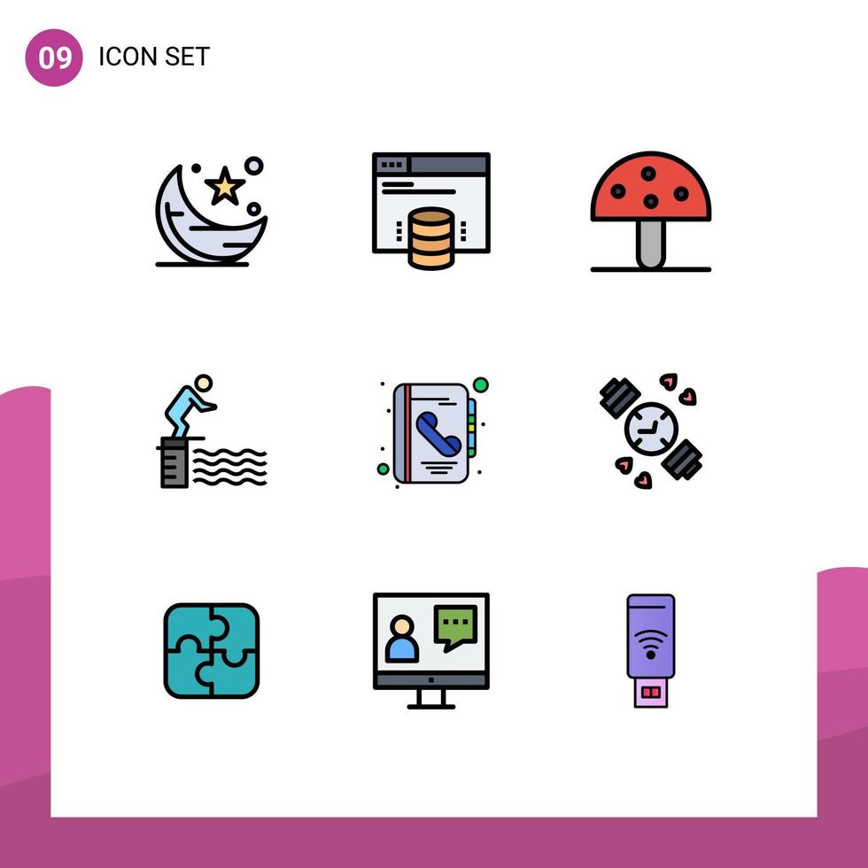 Filledline Flat Color Pack of 9 Universal Symbols of pool jump web diving nature Editable Vector Design Elements