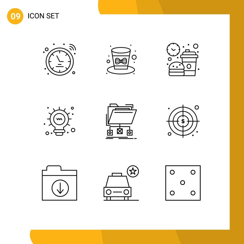 Universal Icon Symbols Group of 9 Modern Outlines of data bulb break light meal Editable Vector Design Elements