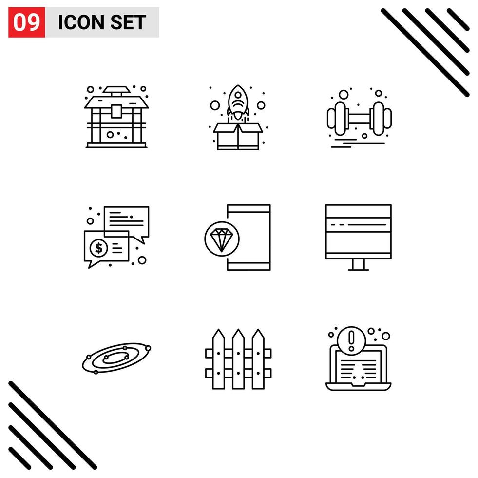 User Interface Pack of 9 Basic Outlines of app messages dumbbell keynote trade Editable Vector Design Elements