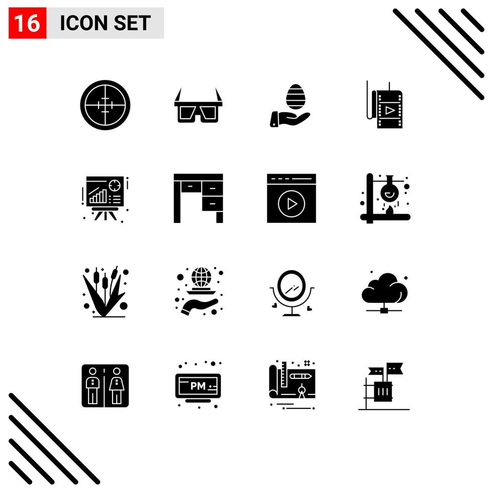 16 User Interface Solid Glyph Pack of modern Signs and Symbols of graph studio stereo movie nature Editable Vector Design Elements