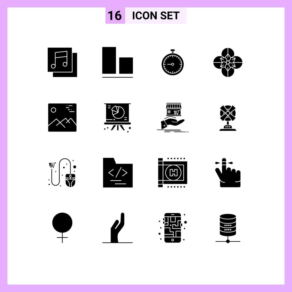 Solid Glyph Pack of 16 Universal Symbols of gallery flower fast anemone flower watch Editable Vector Design Elements