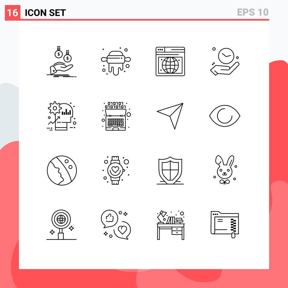 User Interface Pack of 16 Basic Outlines of mind brain seo time hand Editable Vector Design Elements