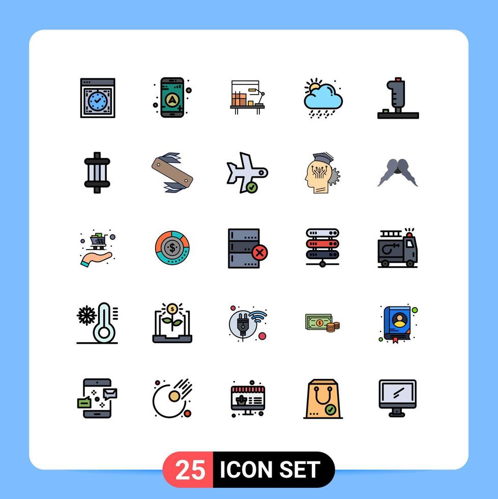 Group of 25 Modern Filled line Flat Colors Set for game controller workplace weather cloud Editable Vector Design Elements