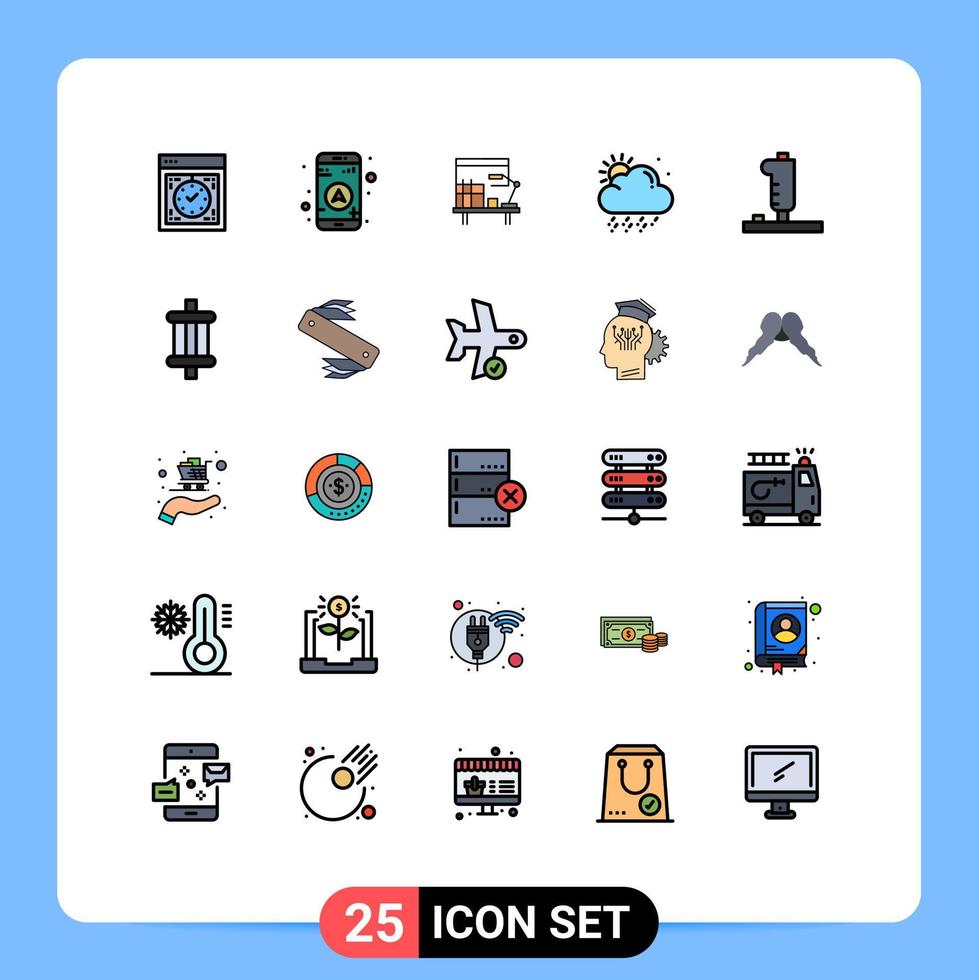 grupo de 25 colores planos de líneas llenas modernas establecidos para elementos de diseño de vectores editables de nubes meteorológicas en el lugar de trabajo del controlador de juegos