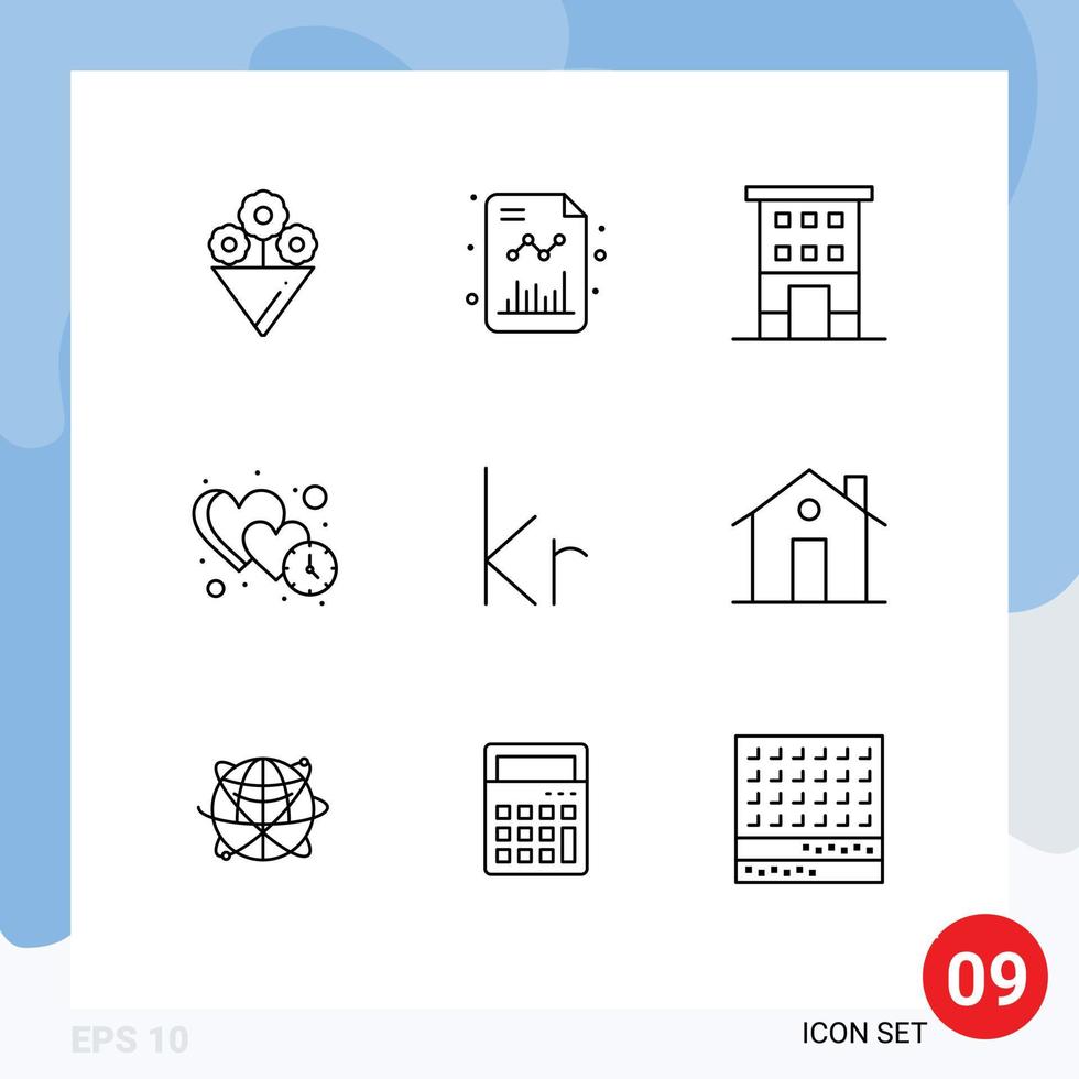 Universal Icon Symbols Group of 9 Modern Outlines of currency dating house time heart Editable Vector Design Elements