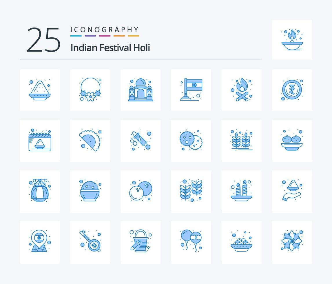 Holi 25 Blue Color icon pack including indian. fire. mahal. bonfire. flag vector