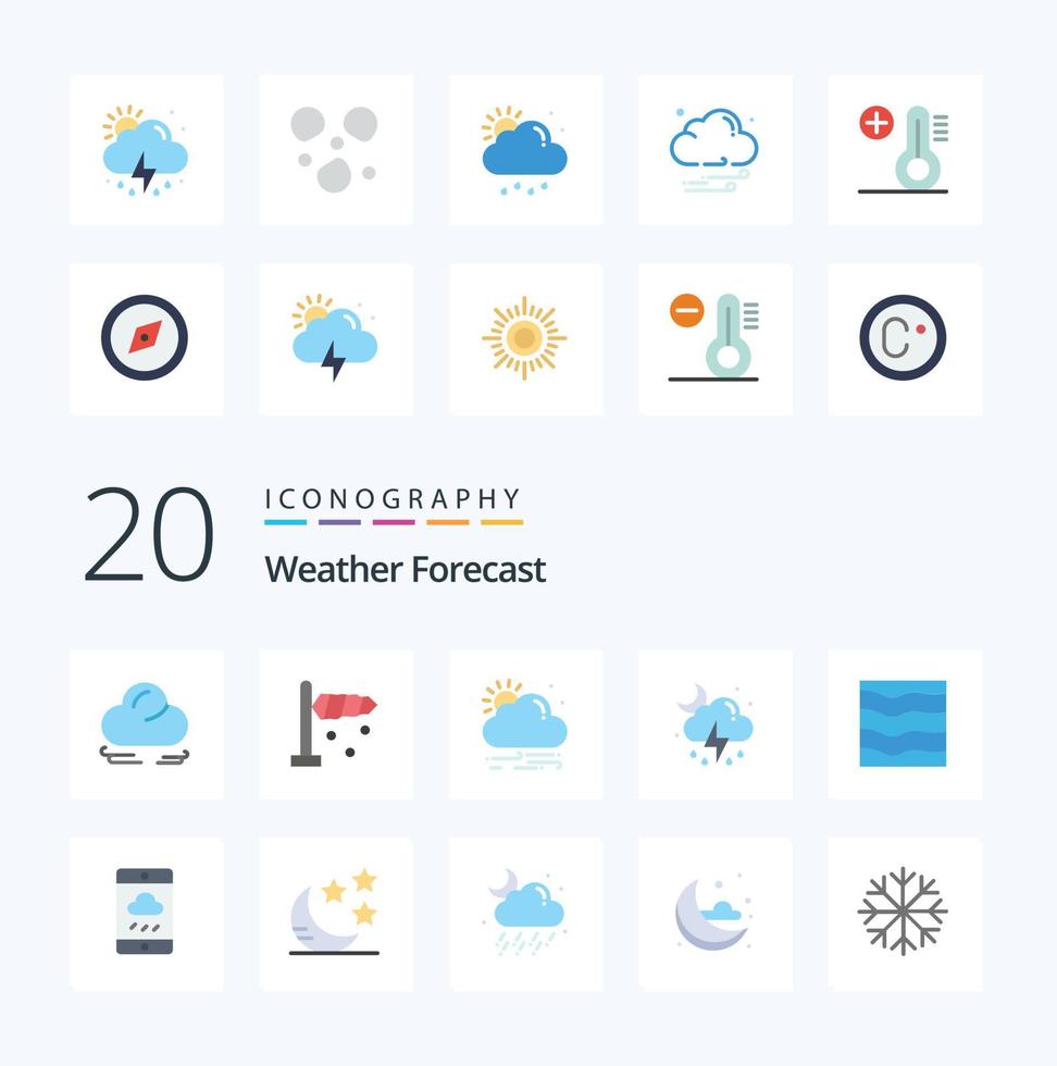 paquete de iconos de color plano de 20 climas como olas mar clima río nube vector