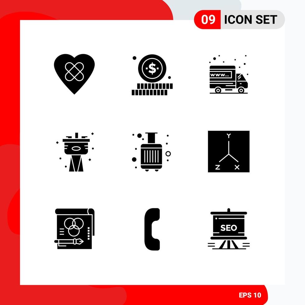 Editable Vector Line Pack of 9 Simple Solid Glyphs of tourist bags web baggage plumbing Editable Vector Design Elements