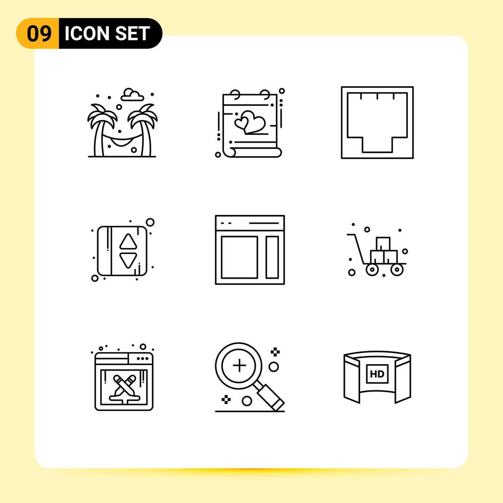 Outline Pack of 9 Universal Symbols of right communication ethernet elevator indication elevator Editable Vector Design Elements