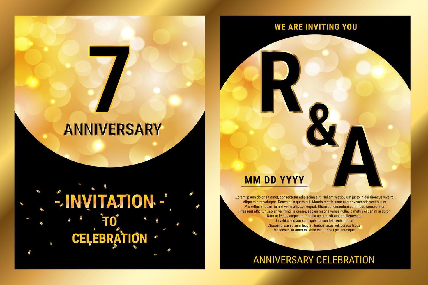 7th years birthday vector black paper luxury invitation double card. Wedding anniversary celebration brochure. Template of invitational for print hitam and gold background
