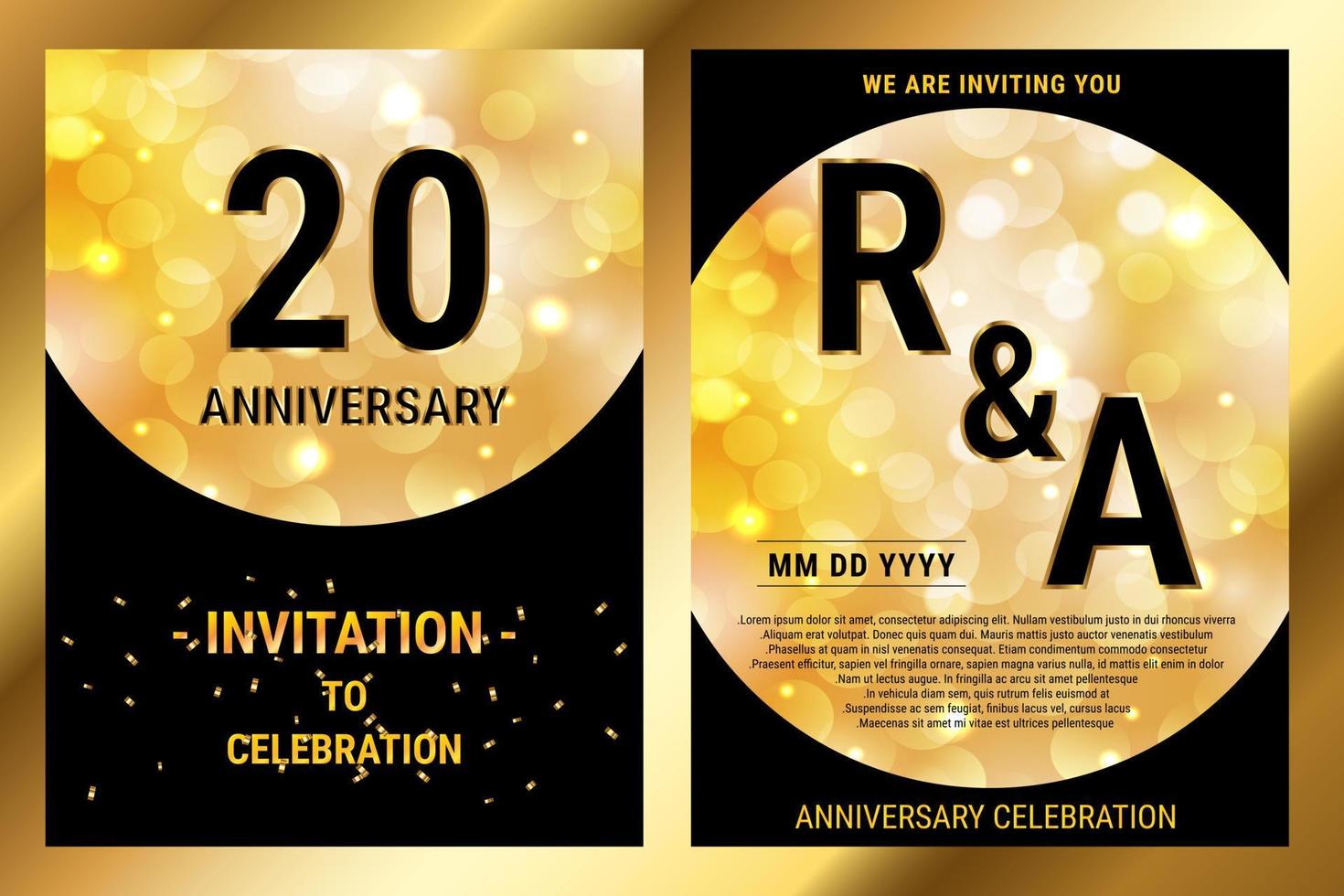 Tarjeta doble de invitación de lujo de papel negro vectorial de 20 años. folleto de celebración de aniversario de boda. plantilla de invitación para imprimir fondo negro y dorado vector