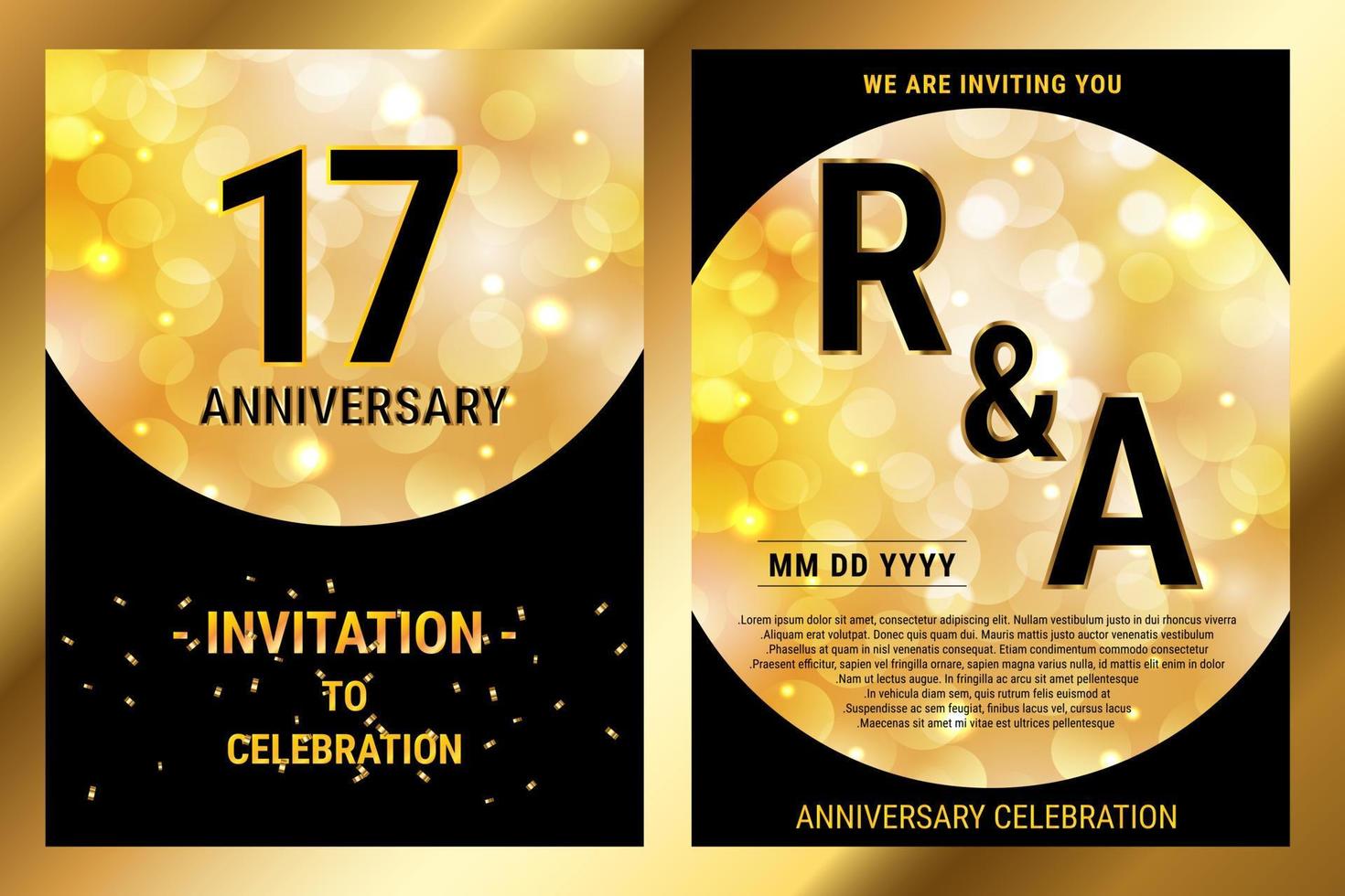 Tarjeta doble de invitación de lujo de papel negro vectorial de 17 años. folleto de celebración de aniversario de boda. plantilla de invitación para imprimir fondo negro y dorado vector