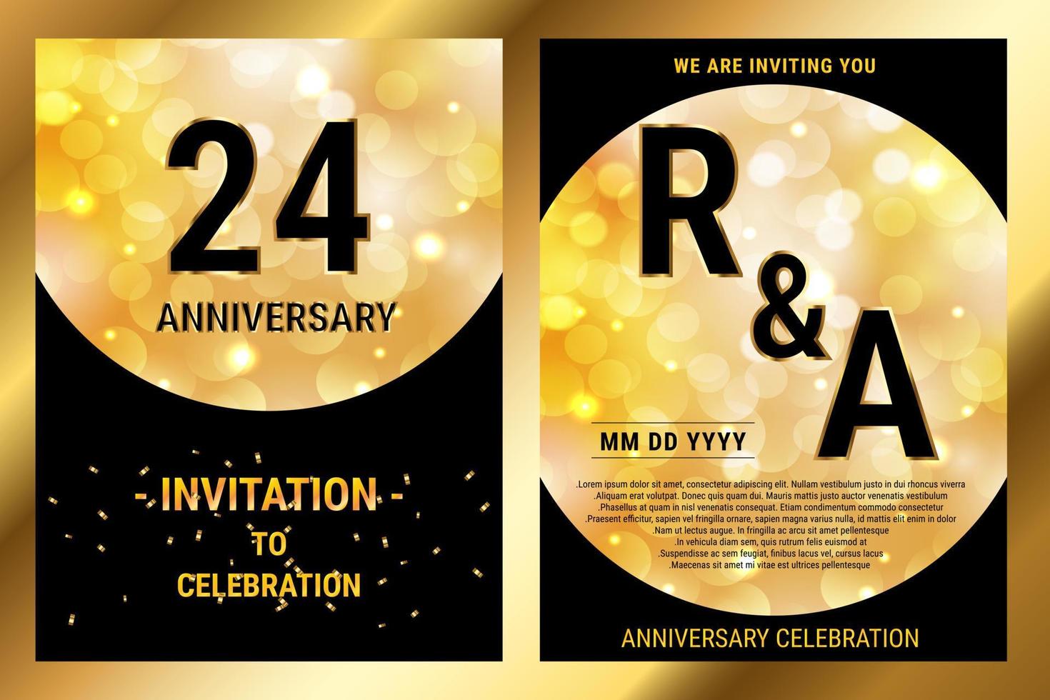 Tarjeta doble de invitación de lujo de papel negro vectorial de 24 años. folleto de celebración de aniversario de boda. plantilla de invitación para imprimir fondo negro y dorado vector